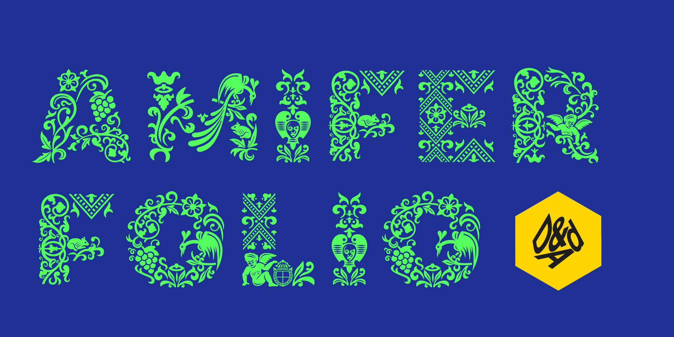 Amifer Folio, written in all caps, in a decorative typeface showing illustrative elements from Shakespeare's first folio. Light blue on dark blue. With a D&AD logo