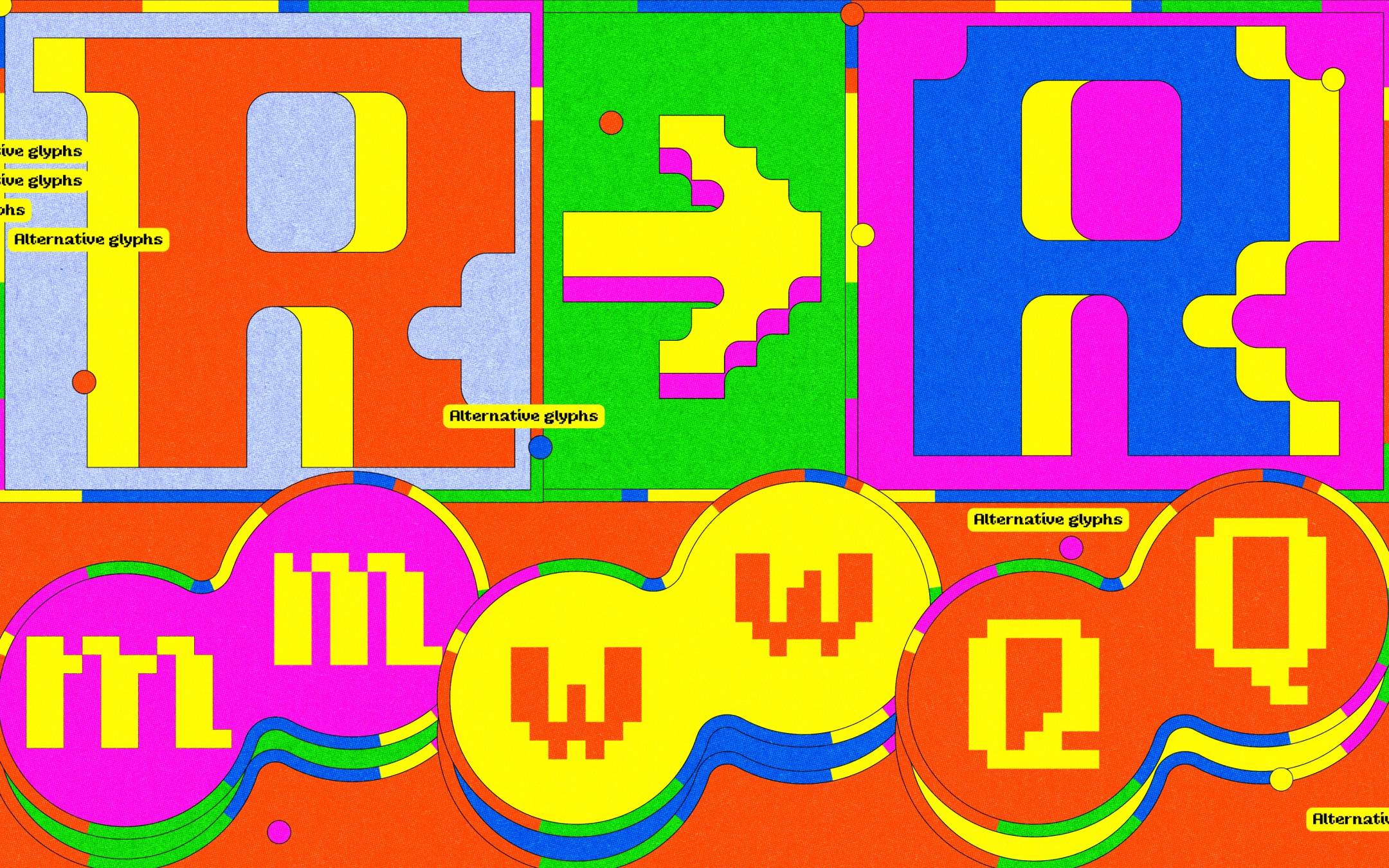 A collage of modular letterforms in multiple bright colors. The central image shows two large uppercase “R” shapes with blocky, pixel-like construction, each rendered in different color schemes. Surrounding them are circular glyph samples including “r,” “m,” “w,” and “Q” in yellow on pink, yellow, and red backgrounds. Small labels throughout the image read “Alternative glyphs.”