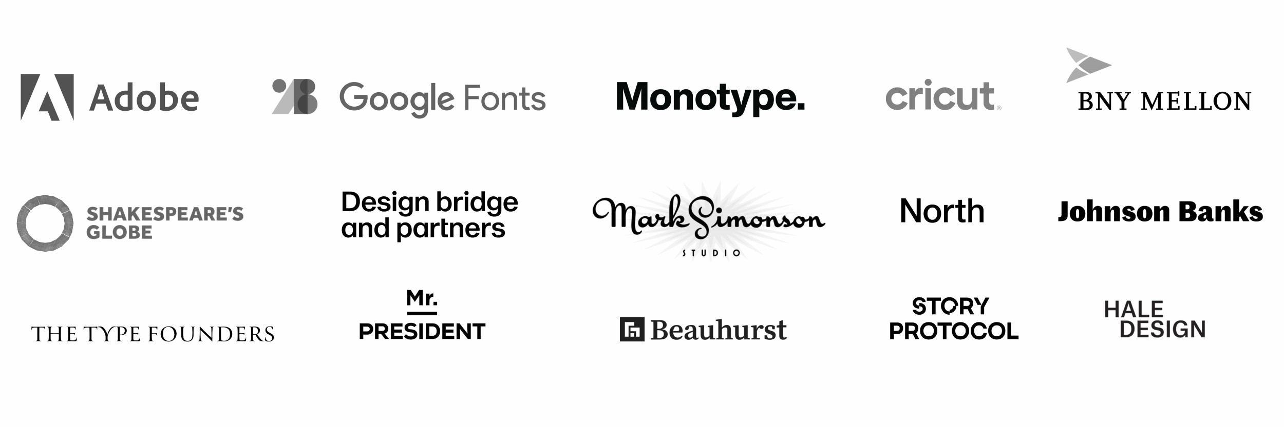 Select clients and collaborators of Typeland type design studio